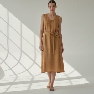 Garnett Hill Linen Midi Dress Yellow Marigold Column Sleeves with Belt Size 8